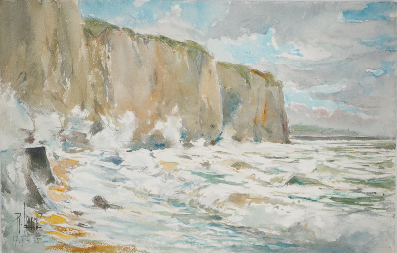 René LEVERD : Les vagues contre les falaises, Aquarelle originale signée