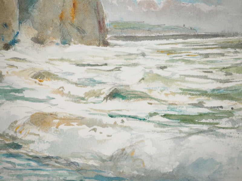 René LEVERD : Les vagues contre les falaises, Aquarelle originale signée