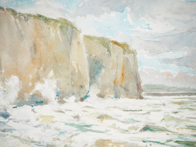 René LEVERD : Les vagues contre les falaises, Aquarelle originale signée