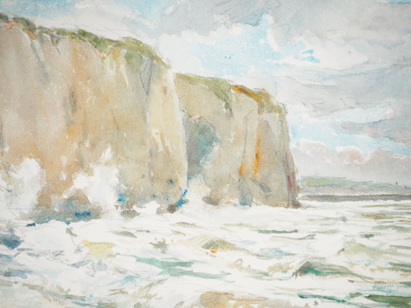 René LEVERD : Les vagues contre les falaises, Aquarelle originale signée