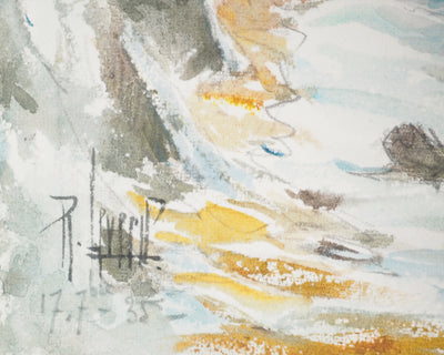 René LEVERD : Les vagues contre les falaises, Aquarelle originale signée