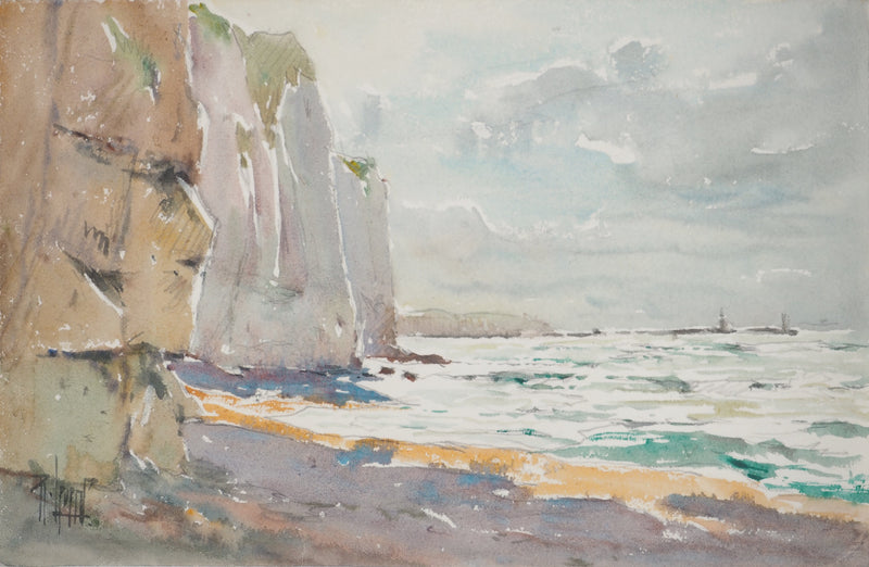 René LEVERD : Le calme des falaises, Aquarelle originale signée