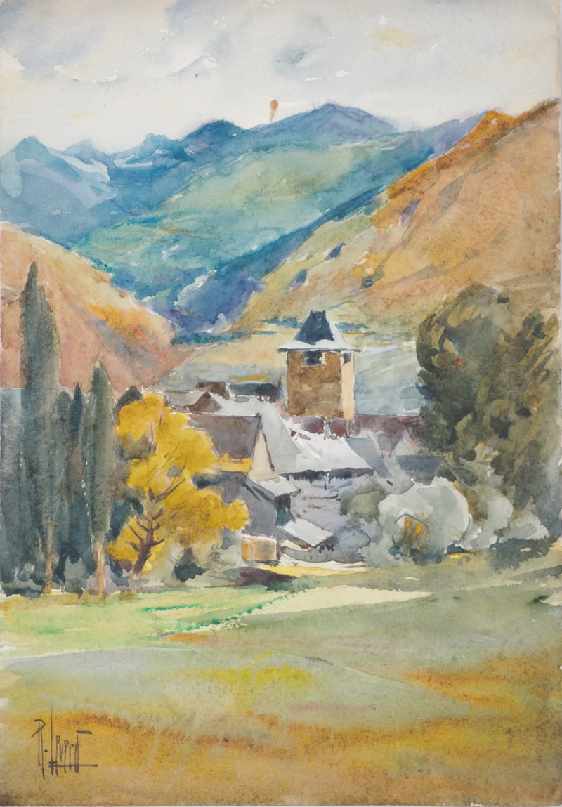 René LEVERD : Pyrénées, Vue sur Osse, Aquarelle originale signée