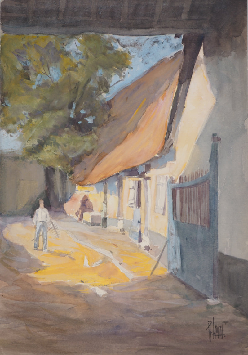 René LEVERD : Dans la cour, Aquarelle originale signée