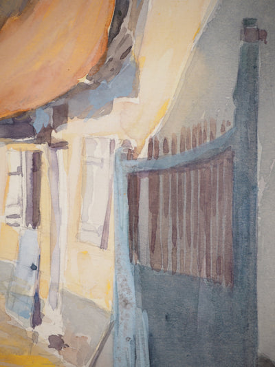 René LEVERD : Dans la cour, Aquarelle originale signée