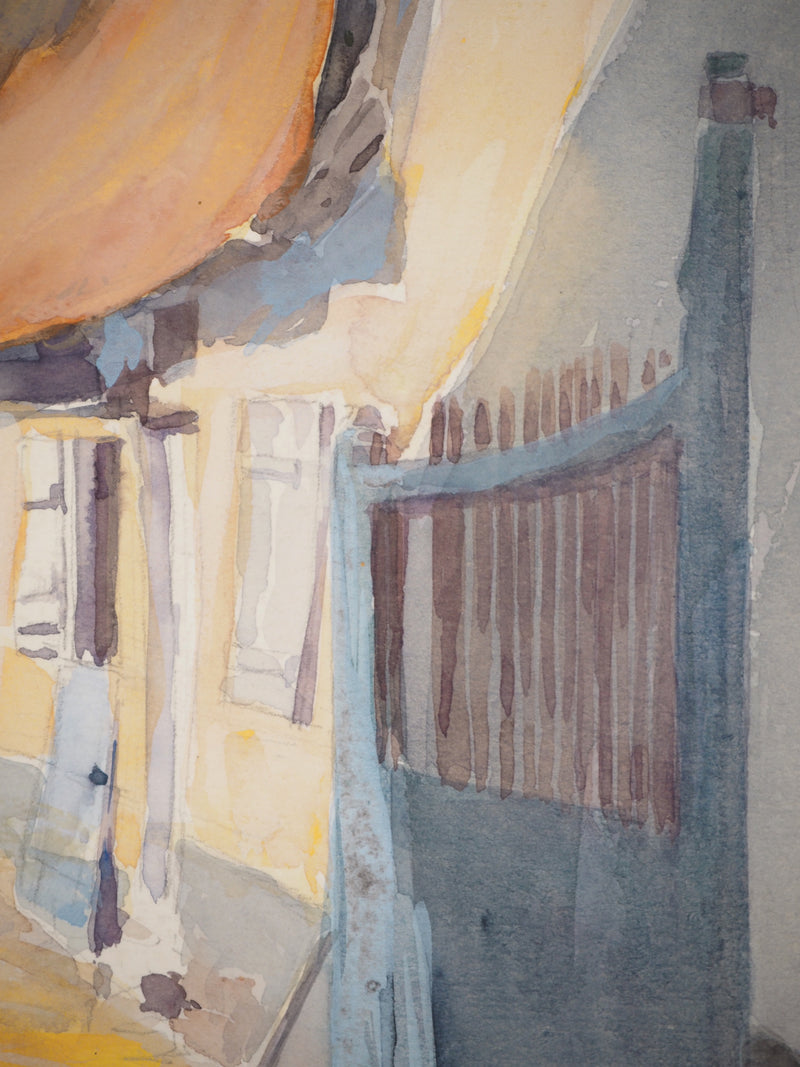 René LEVERD : Dans la cour, Aquarelle originale signée