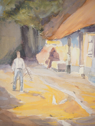René LEVERD : Dans la cour, Aquarelle originale signée