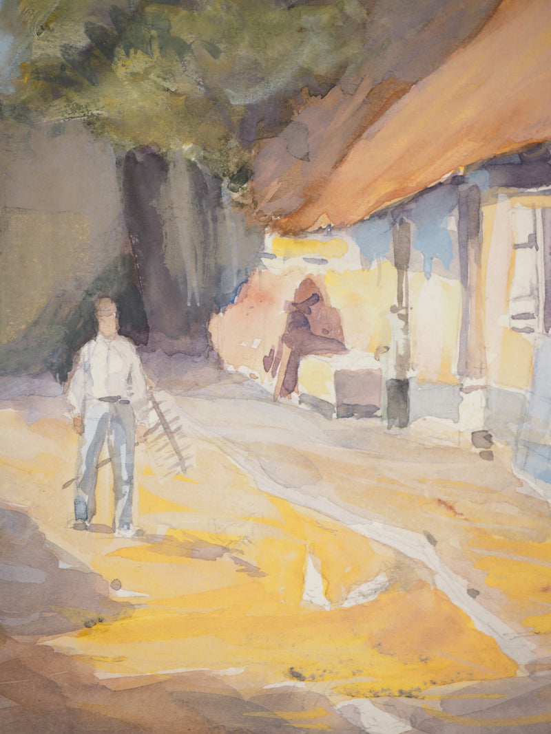 René LEVERD : Dans la cour, Aquarelle originale signée