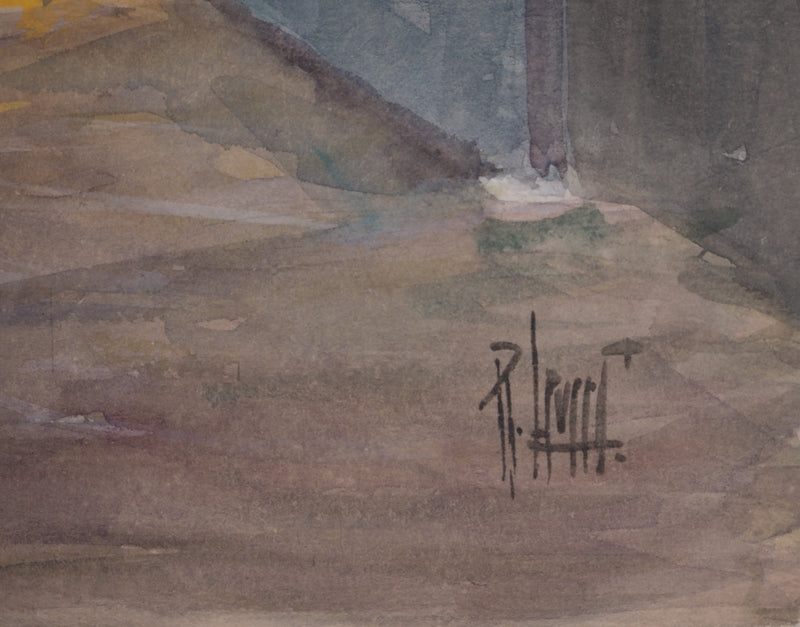 René LEVERD : Dans la cour, Aquarelle originale signée
