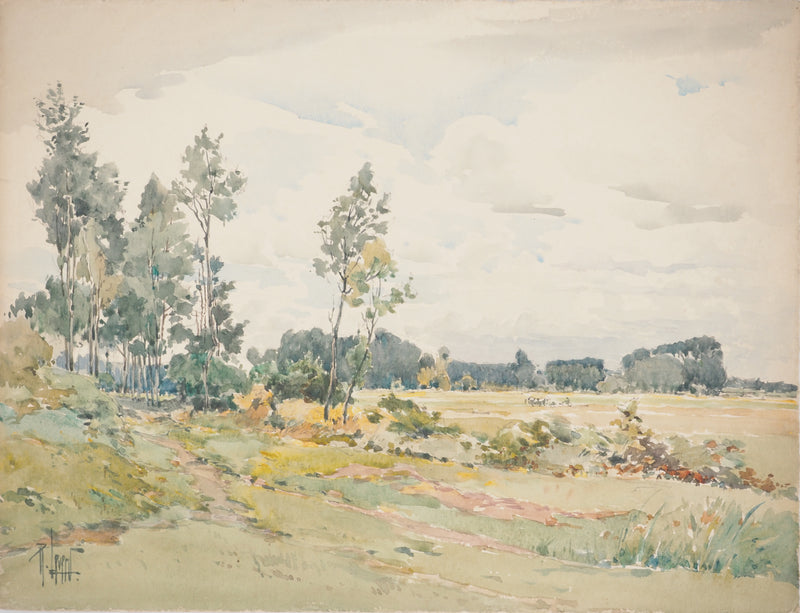 René LEVERD : Les champs au repos, Aquarelle originale signée