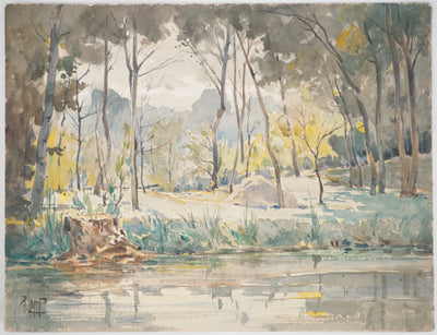 René LEVERD : Les arbres près de l'eau, Aquarelle originale signée