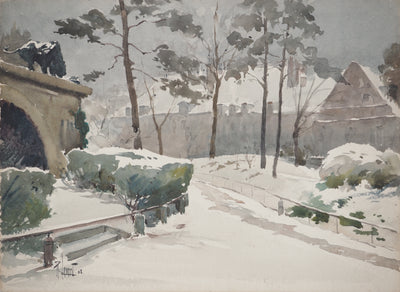 René LEVERD : Balade dans le parc, Aquarelle originale signée