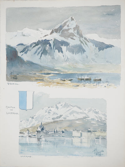 René LEVERD : Mont Blanc depuis Lucerne, Aquarelle originale (vue générale) - Crédit photo : Galerie Art.Paris