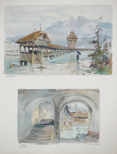 René LEVERD : Petit pont à Lucerne, Aquarelle originale (vue générale) - Crédit photo : Galerie Art.Paris