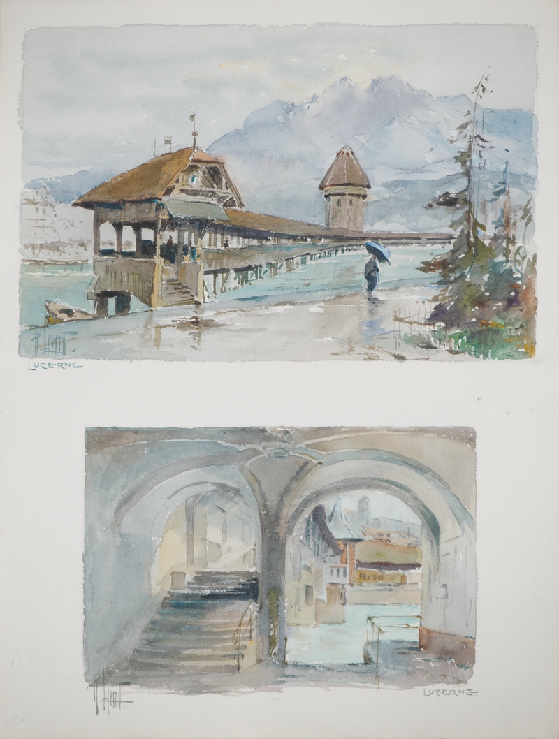 René LEVERD : Petit pont à Lucerne, Aquarelle originale (vue générale) - Crédit photo : Galerie Art.Paris