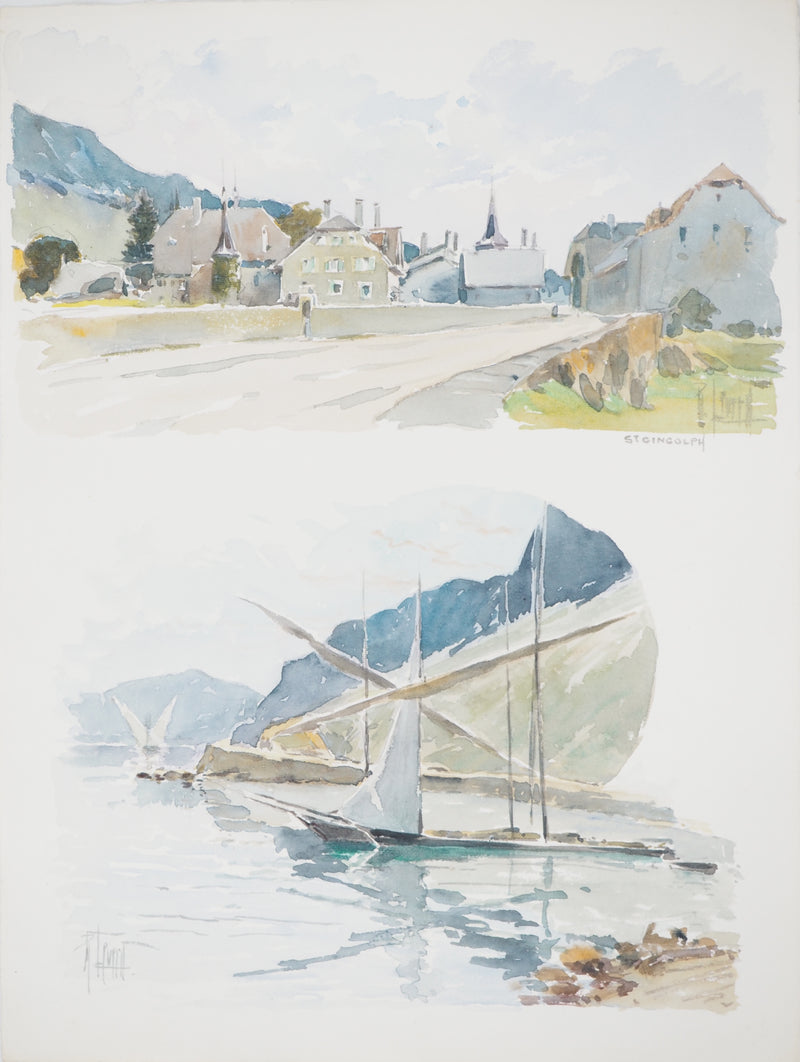 René LEVERD : Village alpins, Aquarelle originale (vue générale) - Crédit photo : Galerie Art.Paris