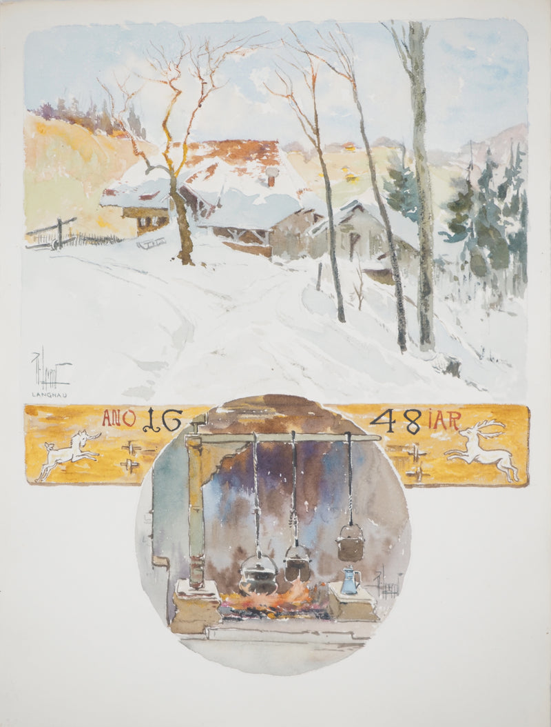 René LEVERD : Petit matin au chalet, Aquarelle originale (vue générale) - Crédit photo : Galerie Art.Paris