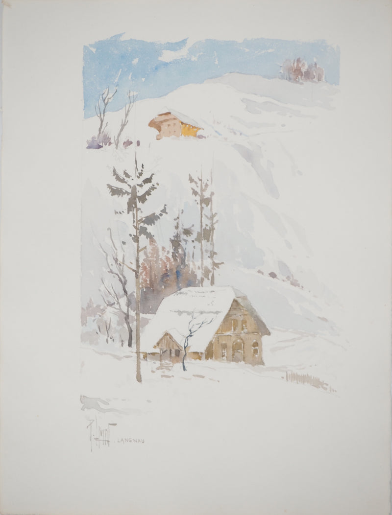 René LEVERD : Maisonnette au coeur de la vallée, Aquarelle originale (vue générale) - Crédit photo : Galerie Art.Paris