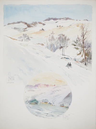 René LEVERD : Luge au soleil couchant, Aquarelle originale (vue générale) - Crédit photo : Galerie Art.Paris