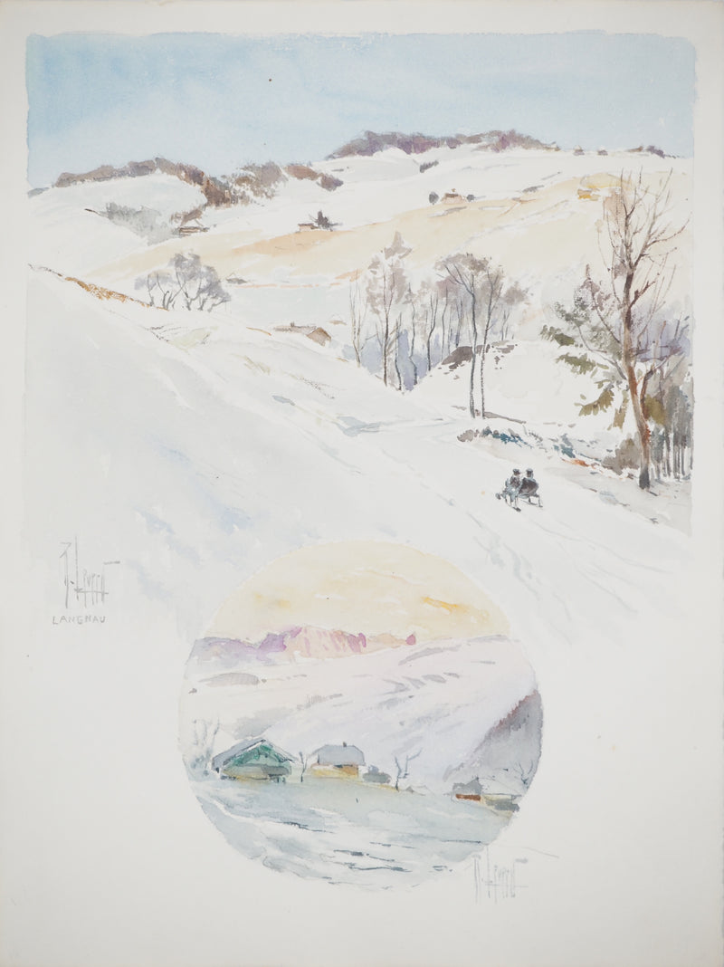 René LEVERD : Luge au soleil couchant, Aquarelle originale (vue générale) - Crédit photo : Galerie Art.Paris