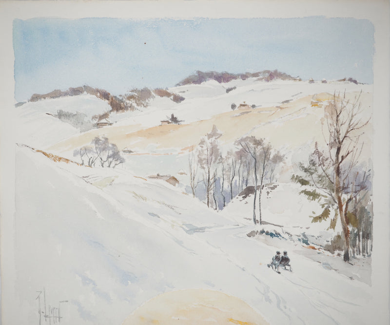 René LEVERD : Luge au soleil couchant, Aquarelle originale (photo de détail 2) - Crédit photo : Galerie Art.Paris