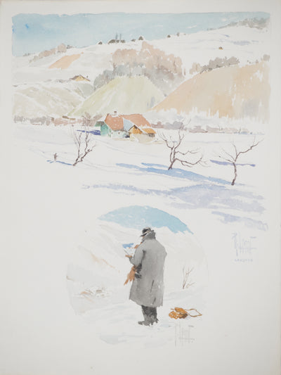 René LEVERD : L'artiste dans la neige, Aquarelle originale (vue générale) - Crédit photo : Galerie Art.Paris