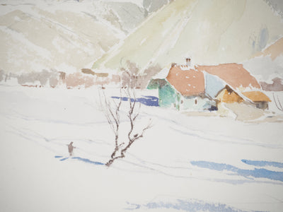 René LEVERD : L'artiste dans la neige, Aquarelle originale (photo de détail 4) - Crédit photo : Galerie Art.Paris