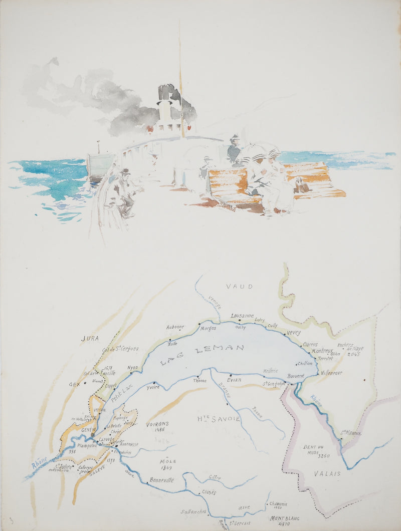 René LEVERD : Suisse, Carte du lac Léman et bateau, Aquarelle originale