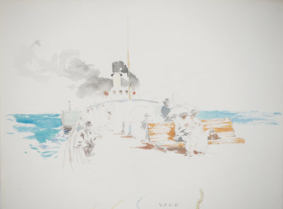 René LEVERD : Suisse, Carte du lac Léman et bateau, Aquarelle originale