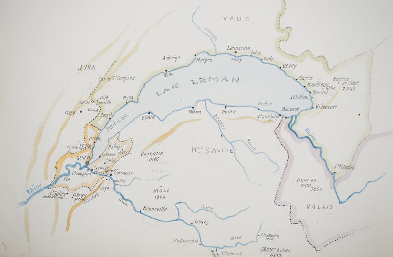 René LEVERD : Suisse, Carte du lac Léman et bateau, Aquarelle originale