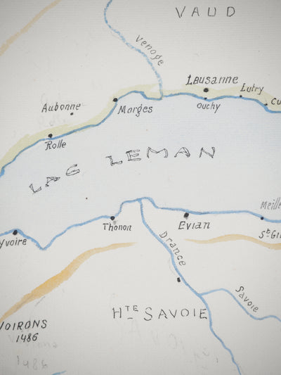 René LEVERD : Suisse, Carte du lac Léman et bateau, Aquarelle originale