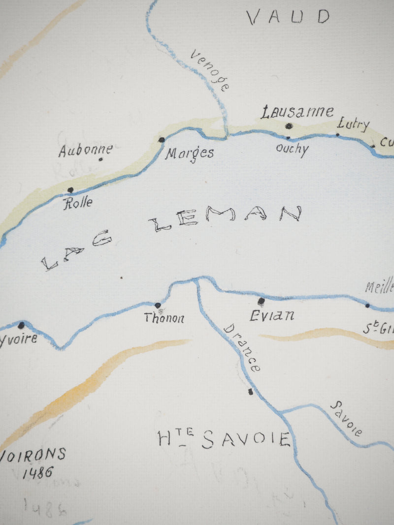 René LEVERD : Suisse, Carte du lac Léman et bateau, Aquarelle originale