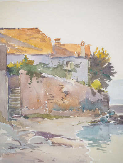 René LEVERD : Suisse, Vue sur le port d'Yvoire, Aquarelle originale signée