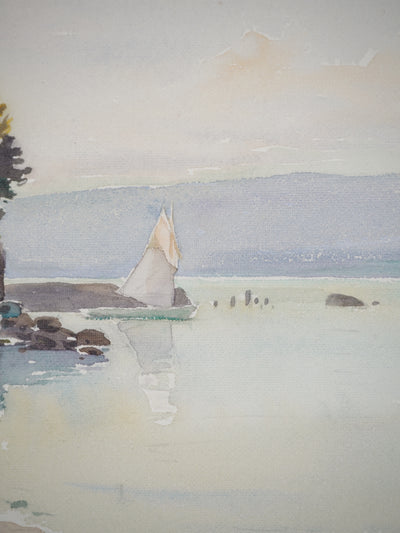 René LEVERD : Suisse, Vue sur le port d'Yvoire, Aquarelle originale signée