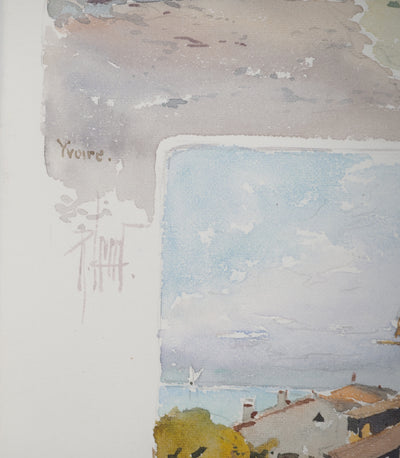 René LEVERD : Suisse, Vue sur le port d'Yvoire, Aquarelle originale signée