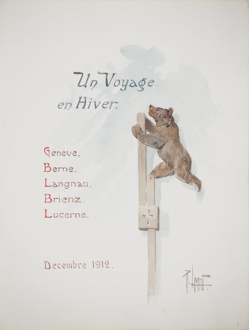 René LEVERD : Suisse, Un voyage en hiver, Aquarelle originale signée