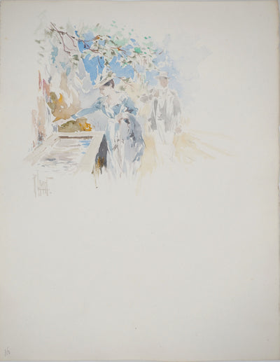 René LEVERD : Suisse, Promenade à la fontaine, Aquarelle originale signée