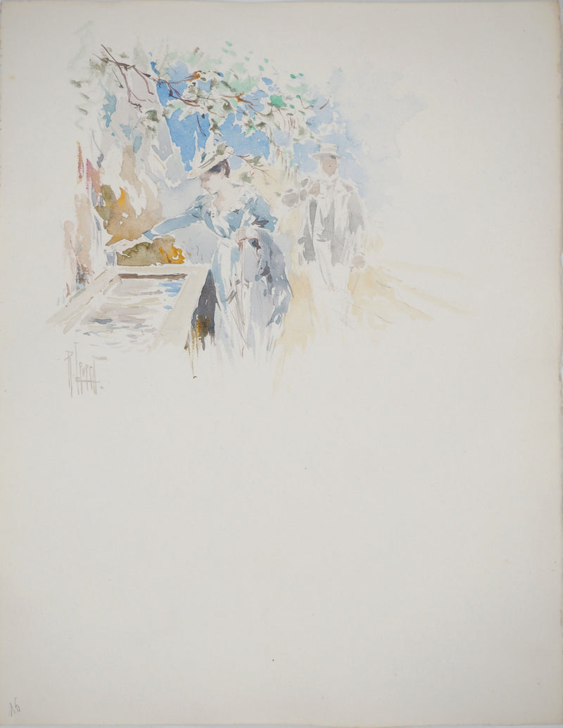 René LEVERD : Suisse, Promenade à la fontaine, Aquarelle originale signée