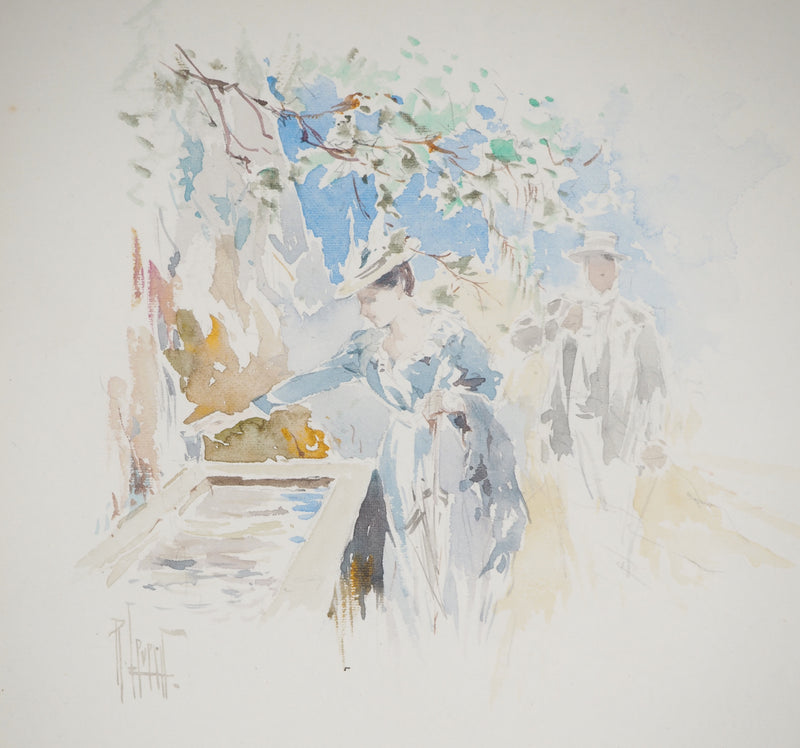 René LEVERD : Suisse, Promenade à la fontaine, Aquarelle originale signée