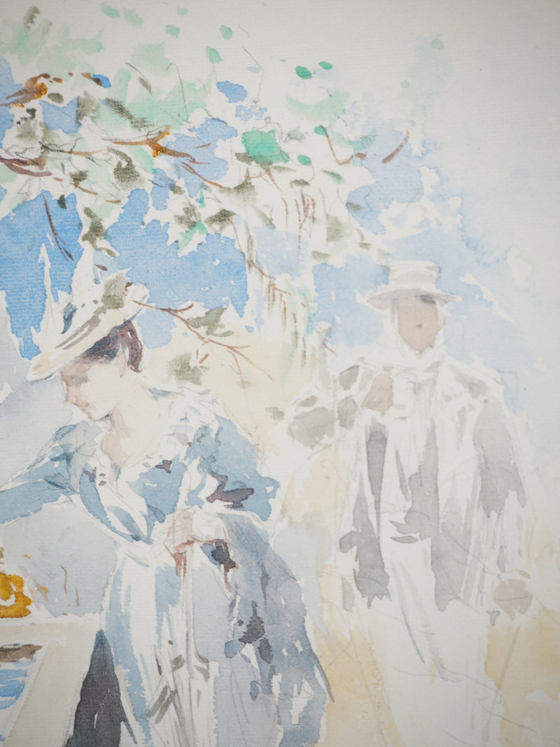 René LEVERD : Suisse, Promenade à la fontaine, Aquarelle originale signée