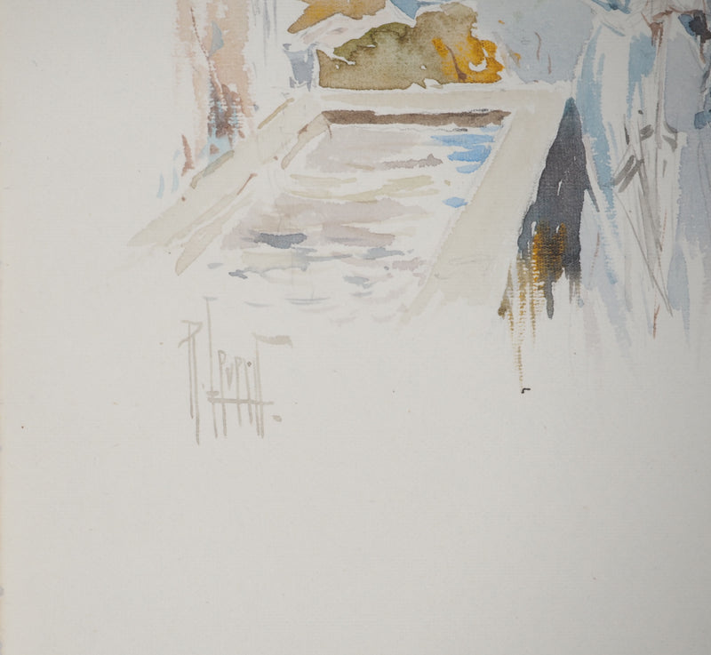 René LEVERD : Suisse, Promenade à la fontaine, Aquarelle originale signée