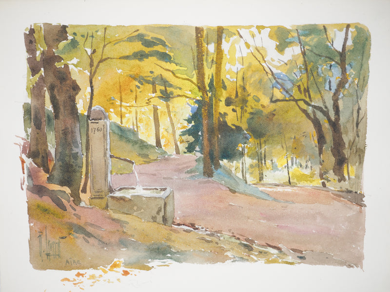 René LEVERD : Suisse, Balade à l’ombre des bois d’Aïre, Aquarelle originale signée