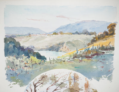 René LEVERD : Suisse, Sur les rives de l'Arve à Aïre, Aquarelle originale signée