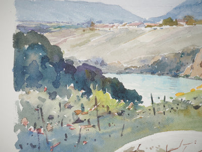 René LEVERD : Suisse, Sur les rives de l'Arve à Aïre, Aquarelle originale signée