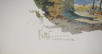 René LEVERD : Suisse, Sur les rives de l'Arve à Aïre, Aquarelle originale signée