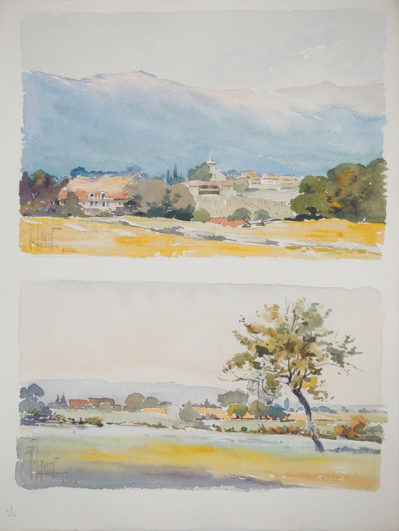 René LEVERD : Suisse, Promenade dans la campagne de Aïre, Aquarelle originale signée