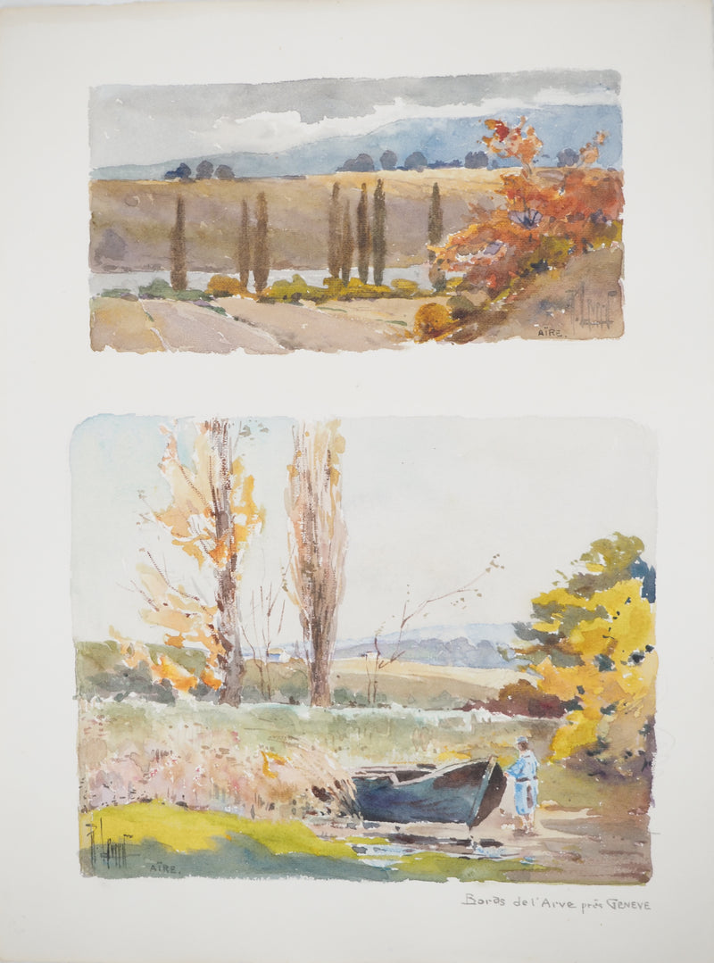 René LEVERD : Suisse, Au fil de l’eau à Aïre, Aquarelle originale signée