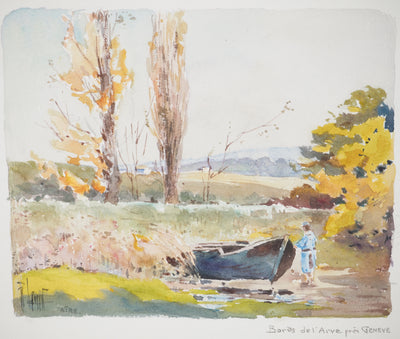 René LEVERD : Suisse, Au fil de l’eau à Aïre, Aquarelle originale signée