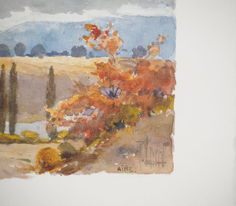 René LEVERD : Suisse, Au fil de l’eau à Aïre, Aquarelle originale signée
