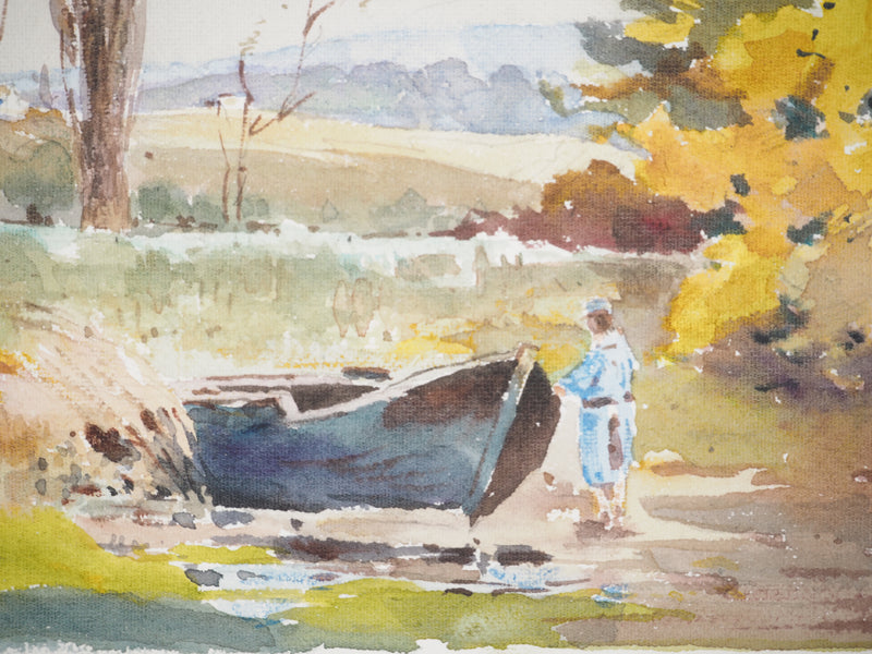 René LEVERD : Suisse, Au fil de l’eau à Aïre, Aquarelle originale signée